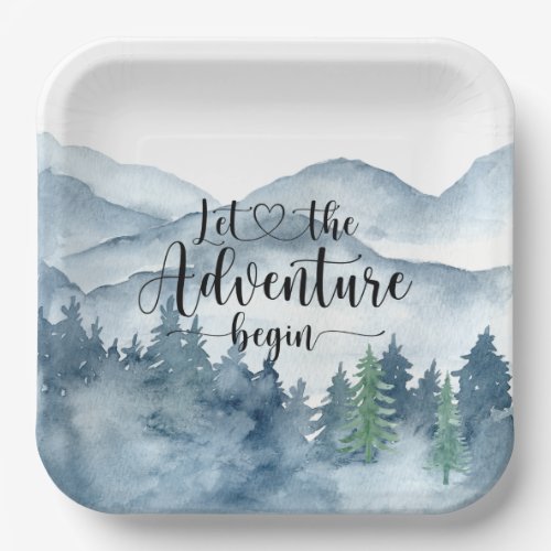 Forest Adventure Watercolor Mountains Baby Shower  Paper Plates