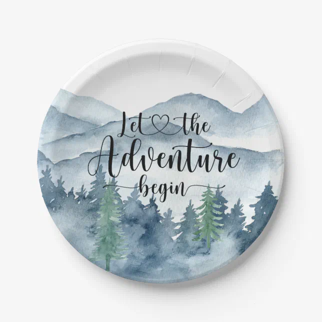 Forest Adventure Watercolor Mountains Baby Shower Paper Plates | Zazzle