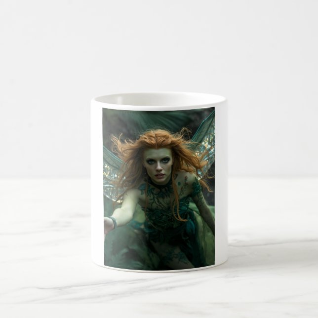 Forest Alien Goddess – Moss Green Winged Woman Coffee Mug (Center)
