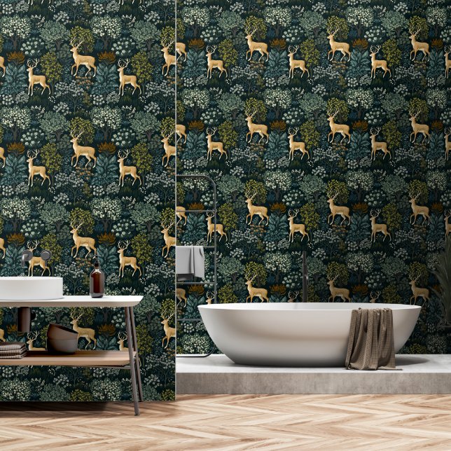 Forest and deer, inspired William Morris Design Wallpaper (Bathroom)
