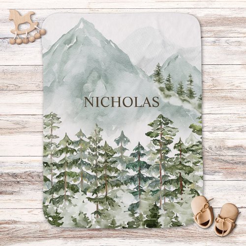 Forest and Mountain Nature Watercolor Baby Blanket