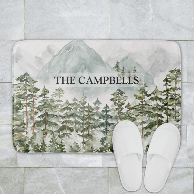 Forest and Mountain Nature Watercolor Bath Mat (In situ bathroom floor)