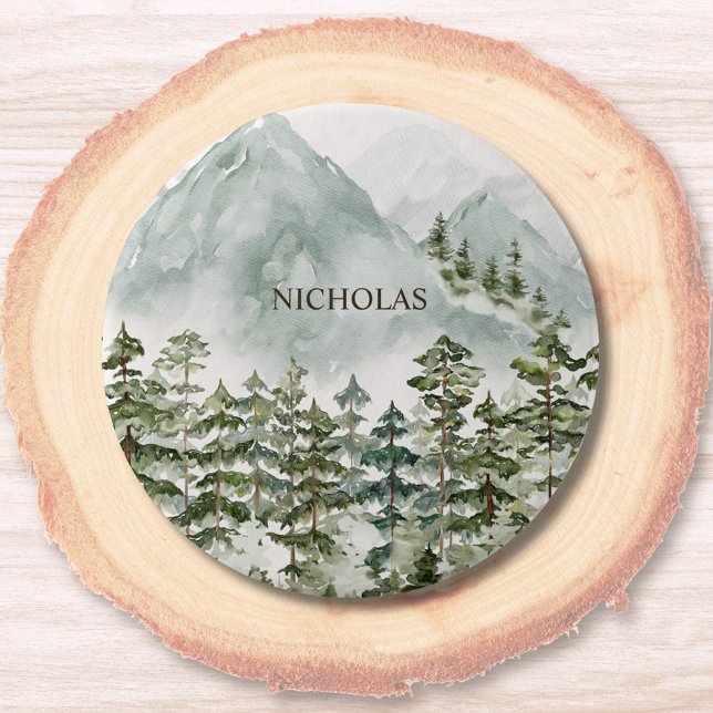 Forest and Mountain Nature Watercolor Button (Close up)