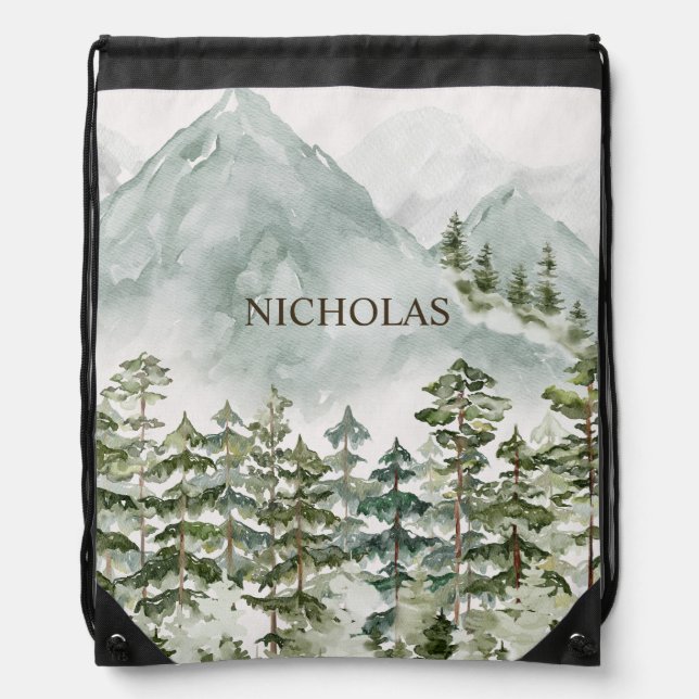 Forest and Mountain Nature Watercolor Drawstring Bag (Front)