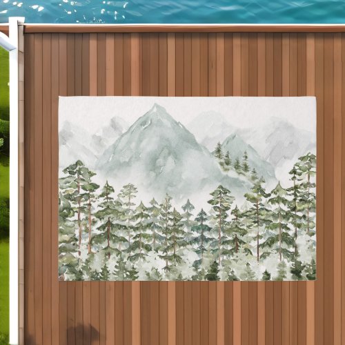 Forest and Mountain Nature Watercolor Outdoor Rug