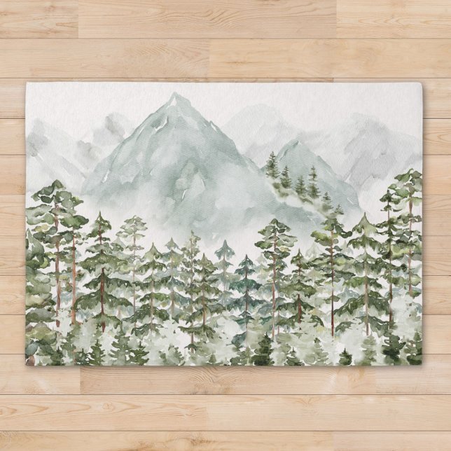 Forest and Mountain Nature Watercolor Outdoor Rug (In situ)