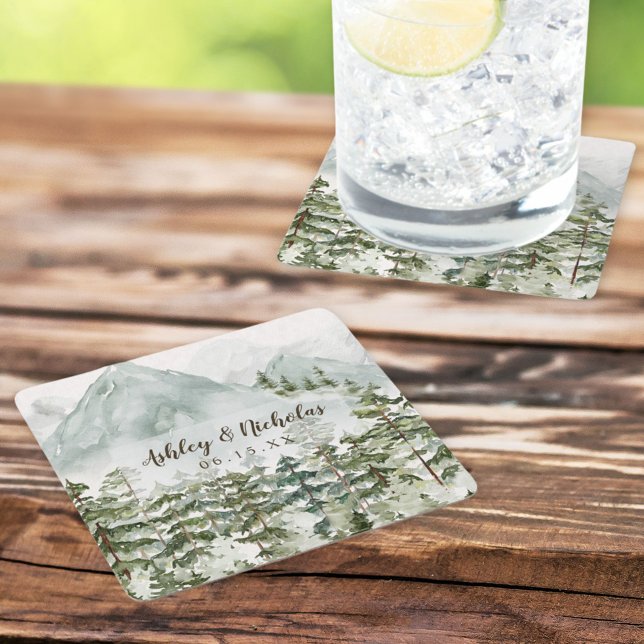 Forest and Mountain Nature Watercolor Square Paper Coaster (In situ)