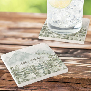Forest and Mountain Nature Watercolor Stone Coaster