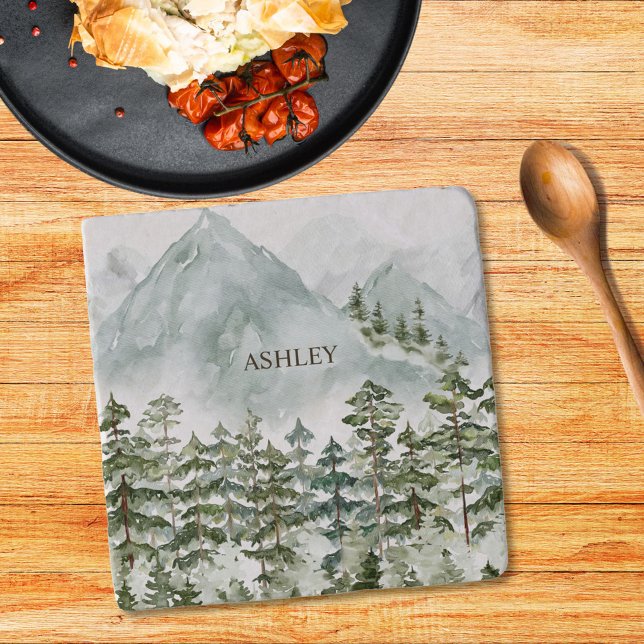 Forest and Mountain Nature Watercolor Trivet (In situ)