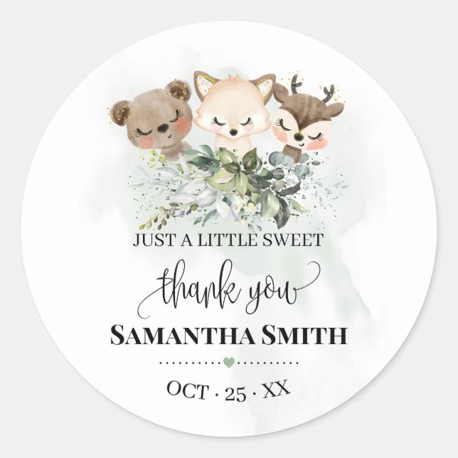 Forest animal baby shower Woodland Animal favor Classic Round Sticker (Front)