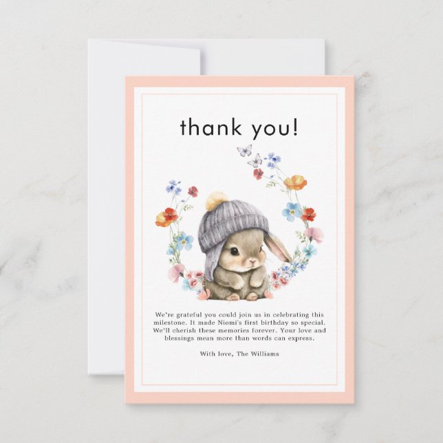 Forest Animal Bunny Botanical 1st Birthday  Thank You Card (Front)