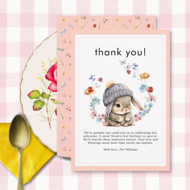 Forest Animal Bunny Botanical 1st Birthday  Thank You Card (Forest Animal Bunny Botanical 1st Birthday Thank You Card 2)