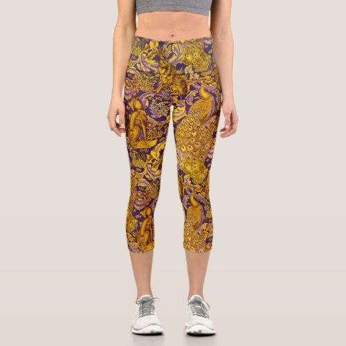 FOREST ANIMALFOXPEACOCK HARE GOLD PURPLE FLORAL CAPRI LEGGINGS