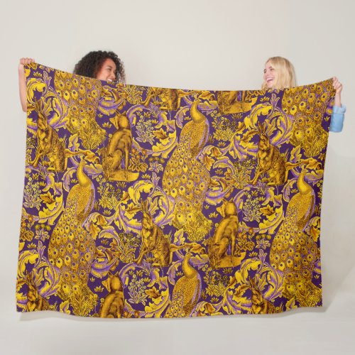FOREST ANIMALFOXPEACOCK HARE GOLD PURPLE FLORAL FLEECE BLANKET