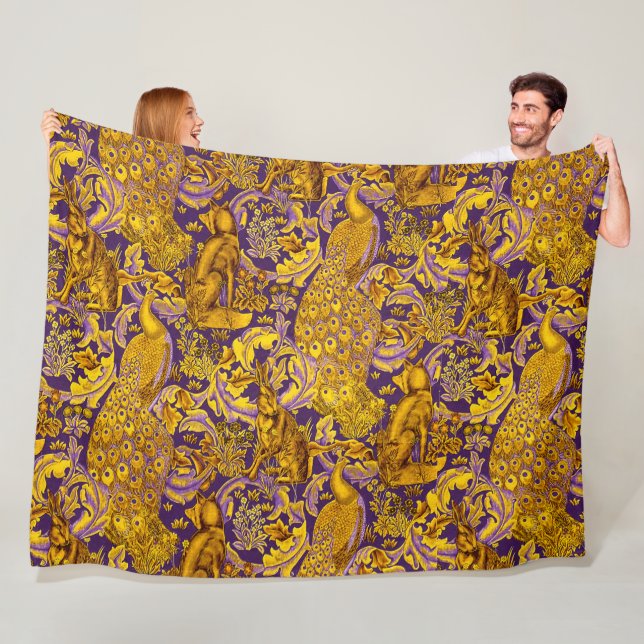 FOREST ANIMAL,FOX,PEACOCK, HARE GOLD PURPLE FLORAL FLEECE BLANKET (In Situ)