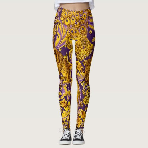 FOREST ANIMALFOXPEACOCK HARE GOLD PURPLE FLORAL LEGGINGS