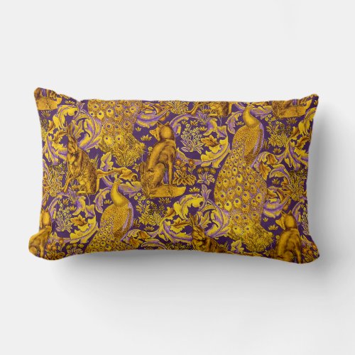 FOREST ANIMALFOXPEACOCK HARE GOLD PURPLE FLORAL LUMBAR PILLOW