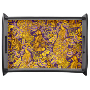 FOREST ANIMAL Fox ,Peacock,Hare Gold Purple Floral Serving Tray