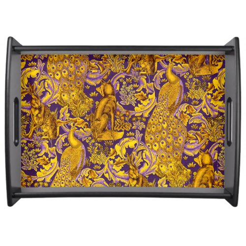 FOREST ANIMAL Fox PeacockHare Gold Purple Floral Serving Tray