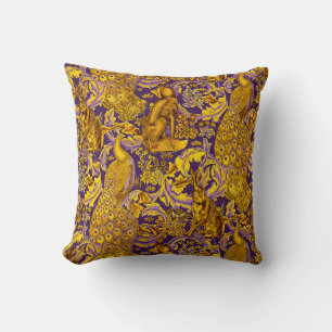 FOREST ANIMAL,FOX,PEACOCK, HARE GOLD PURPLE FLORAL THROW PILLOW