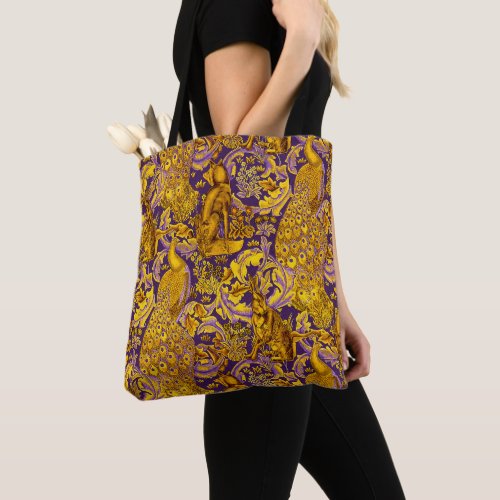 FOREST ANIMALFOXPEACOCK HARE GOLD PURPLE FLORAL TOTE BAG