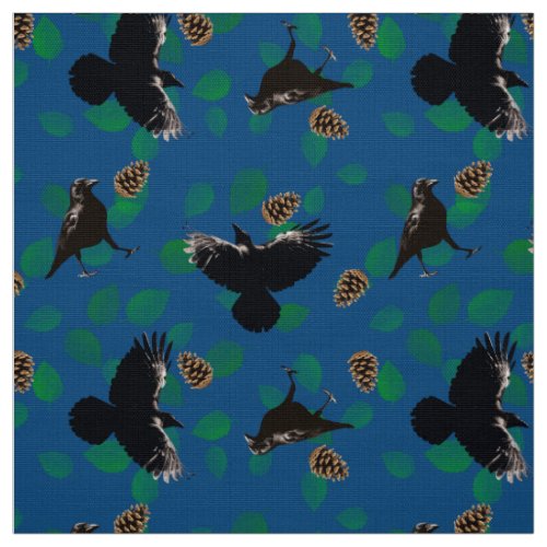 Forest Animal Leaf Crow Pattern Black Bird On Blue Fabric