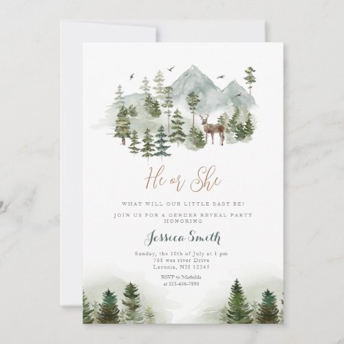 Forest Animal Mountain He or She Gender Reveal Invitation