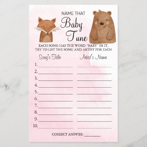 Forest Animal Name that baby tune shower game card Flyer