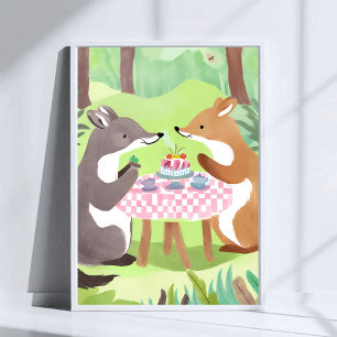 Forest Animal Picnic   Whimsical Cute Watercolor Poster