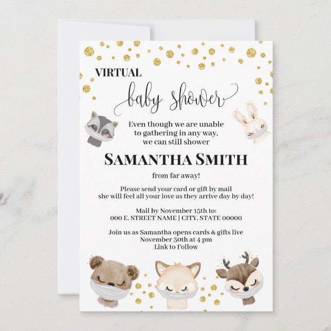 Forest Animal Virtual Baby Shower Gold Glitter Invitation (Front)