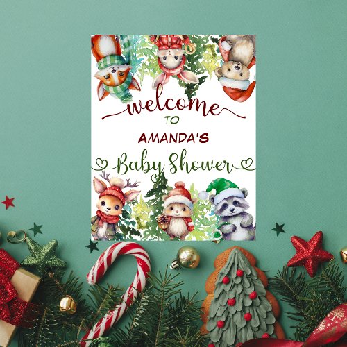 Forest Animal Winter Christmas Baby Shower Welcome Poster