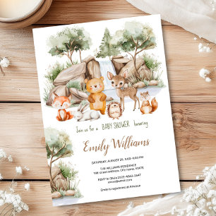 Forest animal woodland watercolor baby shower invitation