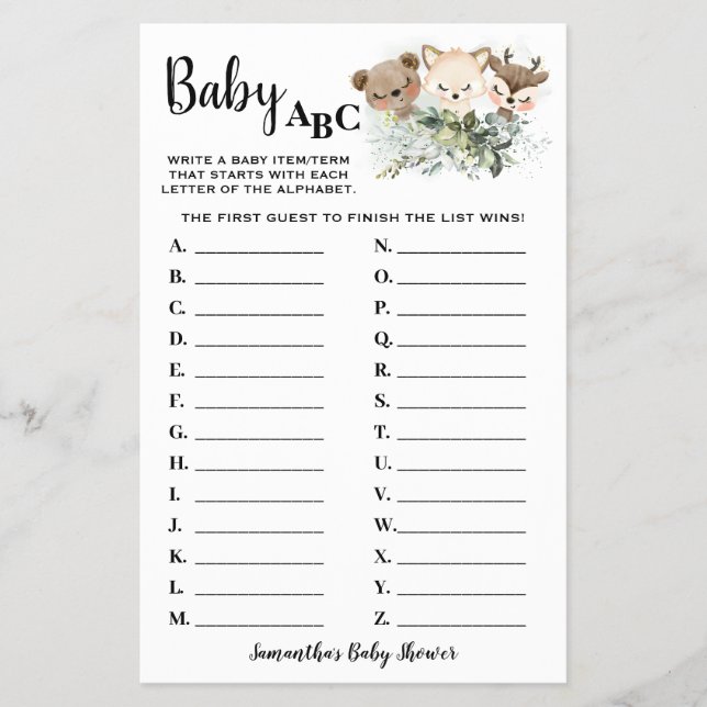 Forest Animals Baby ABC Baby Shower Game Card Flyer (Front)