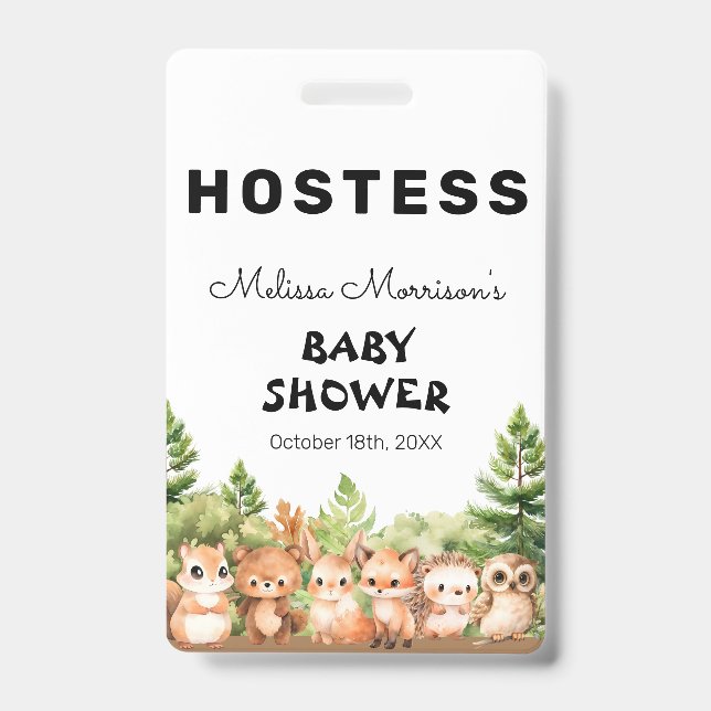 Forest Animals Baby Boy Shower Hostess Badge (Front)