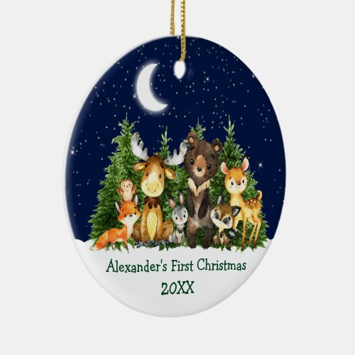 Forest Animals Baby First Christmas  _ PHOTO BACK Ceramic Ornament