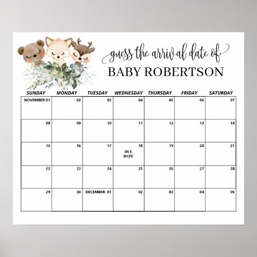 Forest Animals Baby Shower Guess Due Date Calendar Poster