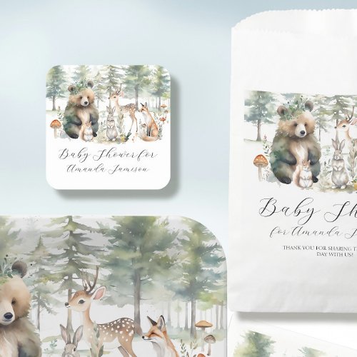 Forest Animals Bear Deer Mushroom Cute Baby Shower Square Sticker