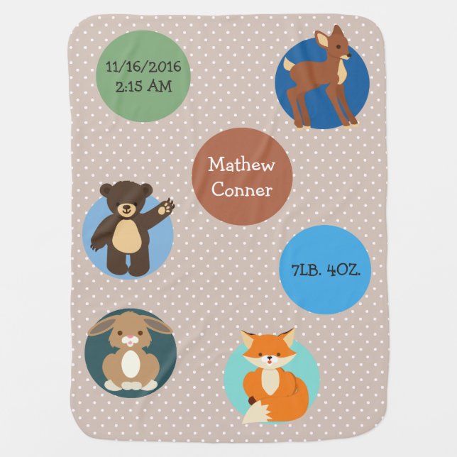 Forest Animals Birth Announcement Baby Blanket (Front)
