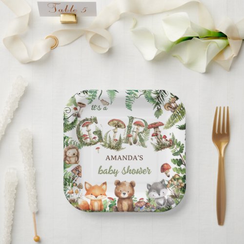 Forest Animals Botanical Baby girl Shower  Paper Plates