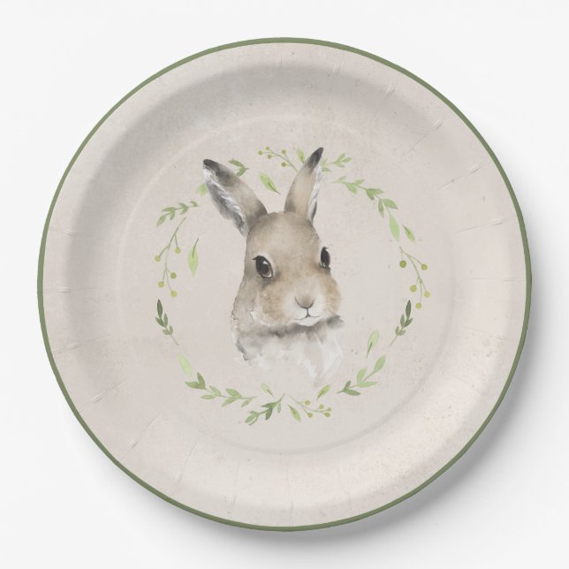 Forest Animals Bunny Rabbit Greenery Baby Shower Paper Plates (Front)