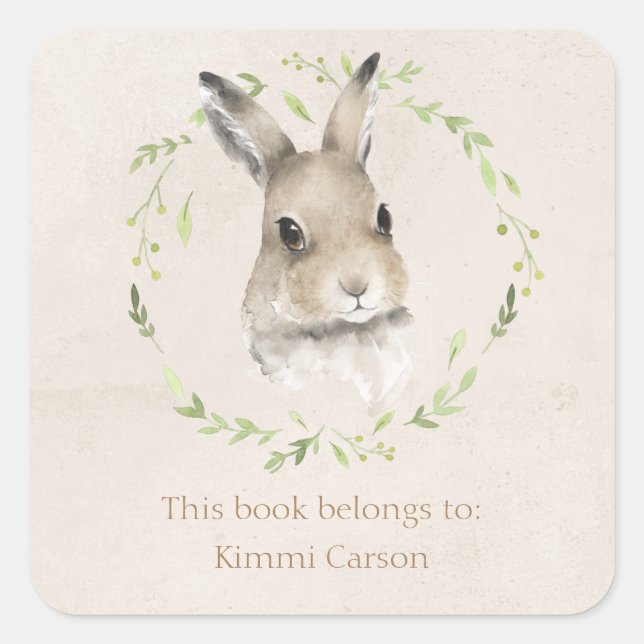 Forest Animals Bunny This Book Belongs to Name Square Sticker (Front)