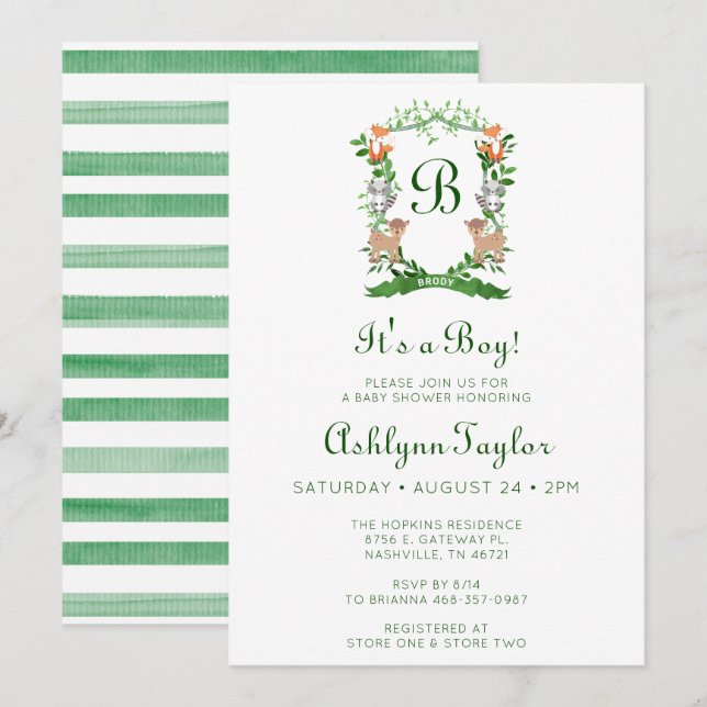 Forest Animals Crest It's A Boy Baby Shower Invitation (Front/Back)