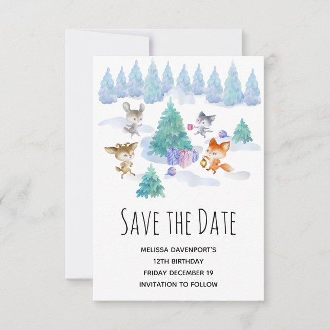 Forest Animals Dancing Around a Fir Tree Save The Date (Front)