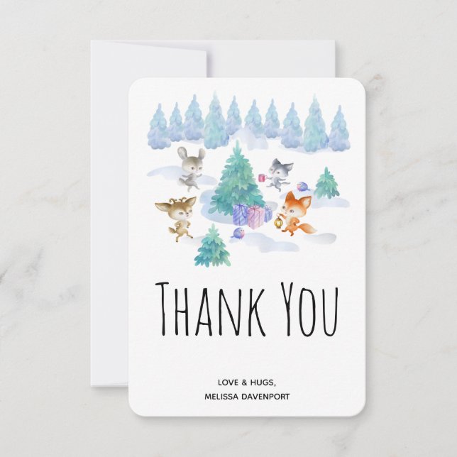Forest Animals Dancing Around a Fir Tree Thank You Card (Front)