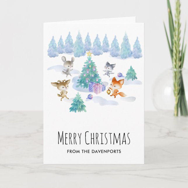 Forest Animals Dancing Around Christmas Tree Card (Front)