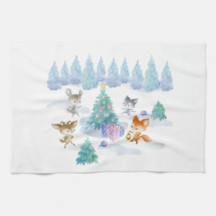 Forest Animals Dancing Around Christmas Tree Kitchen Towel