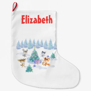 Forest Animals Dancing Around Christmas Tree Large Christmas Stocking