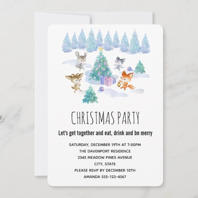 Forest Animals Dancing Around Christmas Tree Party Invitation (Front)