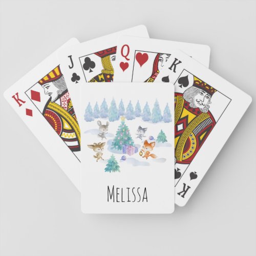 Forest Animals Dancing Around Christmas Tree Playing Cards