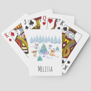 Forest Animals Dancing Around Christmas Tree Poker Cards